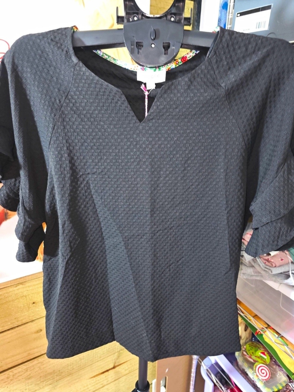 Umgee Black Textured Notch-Neck Blouse
